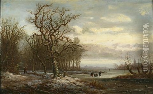 Skating On A River Oil Painting - Hendrik Barend Koekkoek