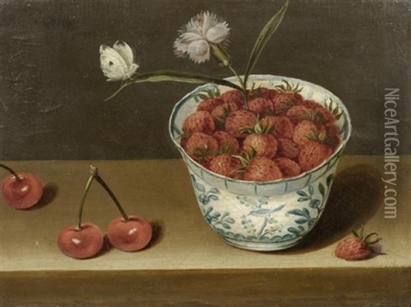 Stilleben Mit Erdbeeren In Delfter Schale, Kirschen Und Einem Schmetterling Oil Painting - Jacob van Hulsdonck