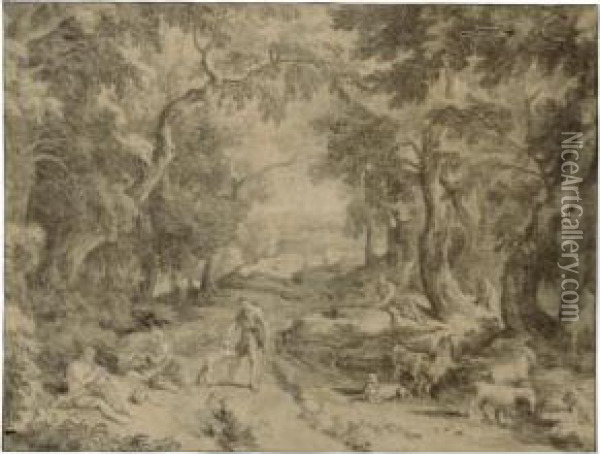 Four Peasants Resting On A Woodland Path, With Their Herd Of Goats To The Right Oil Painting - Jan Joost Von Cossiau