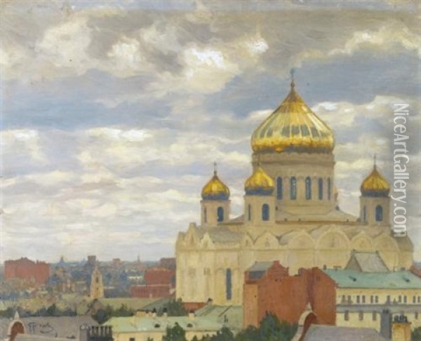 View Of Cathedral Of Christ The Saviour, Moscow Oil Painting - Mikhail Markianovich Germanshev