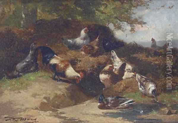 Cockerels and mallards on a sheltered bank Oil Painting - Eugene Remy Maes