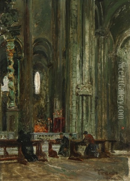 Interior From The Trento Cathedral, Italy With People In Prayer Oil Painting - Hans Nikolaj Hansen