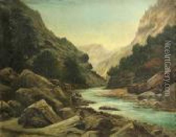 A River In A Mountainous Landscape Oil Painting - John Joseph Englehardt