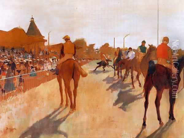 Racehorses in Front of the Grandstand 1866-68 Oil Painting - Edgar Degas