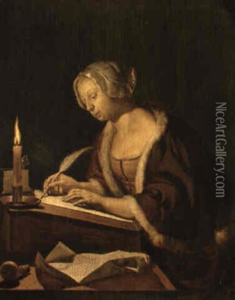 A Woman Writing A Letter By Candlelight Oil Painting - Frans van Mieris the Elder