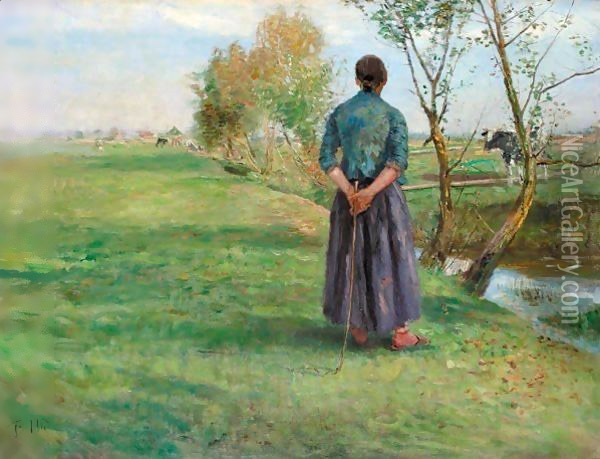Im Herbst (Die Hirtin Im Dachauer Moos) (Autumn, Or Shepherdess On Dachau Heath) Oil Painting - Fritz von Uhde