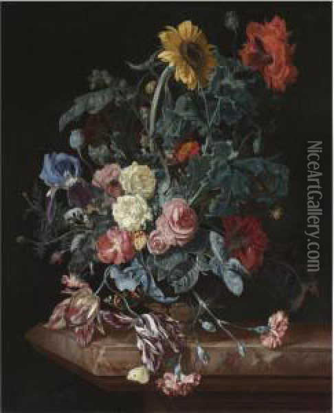 Still Life With A Bouquet Of Flowers On A Marble Table Top Oil Painting - Willem Van Aelst