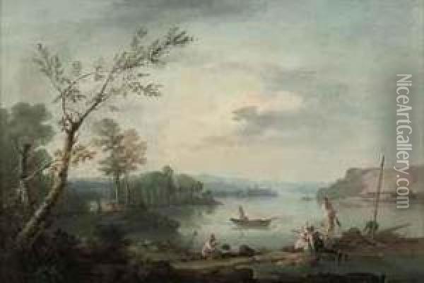 A Wooded River Landscape With Fisherfolk Oil Painting - Louis-Gabriel Moreau the Elder