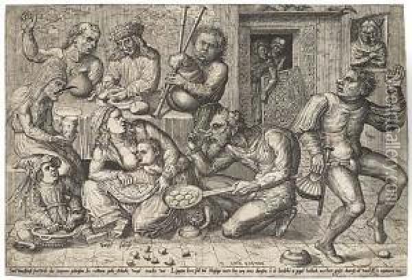 The Eaters Of Sausage And Fat Oil Painting - Pieter van der Heyden