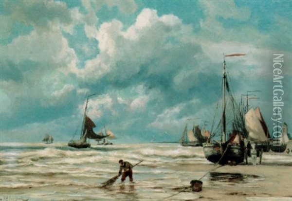 Bomschuiten With Fishermen On Katwijk Beach Oil Painting - Johannes Hermanus Barend Koekkoek