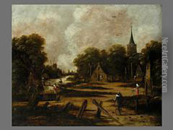 Stadtansicht Mit Windmuhle An Einem Fluss Oil Painting - Jan Meerhout
