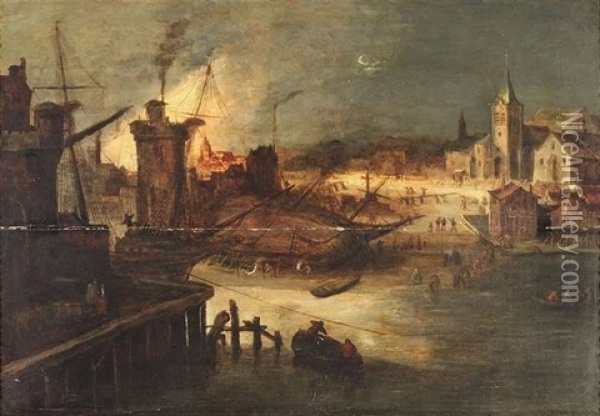 Schiffswerft In Einem Stadthafen Mit Einer Nachtlichen Feuersbrunst Oil Painting - Daniel van Heil