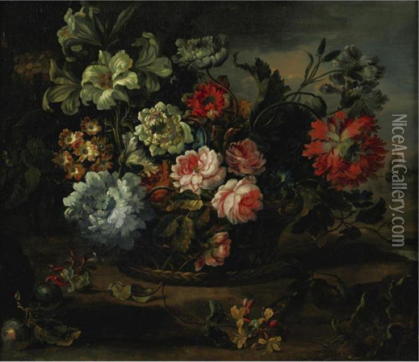Still Life With Flowers In A Basket Resting On A Ledge Oil Painting - Antoine Monnoyer