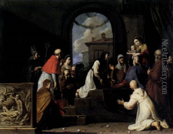 The Holy Family With A Donor, Receiving Saints Including Catherine Of Siena, Blaise, Francis Of Assisi, Carlo Borromeo And Apollonia Oil Painting - Pieter Lastman