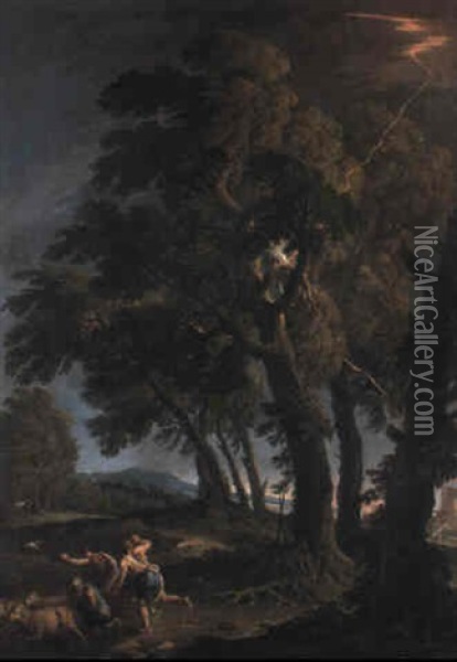 Wooded Landscape With Shepherds Frightened By Lightning Oil Painting - Andrea Locatelli