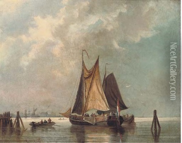 Dutch Barges In Light Airs (+ A Derelict Anchored Off The Beach After The Storm; Pair) Oil Painting - Johan Adolph Rust