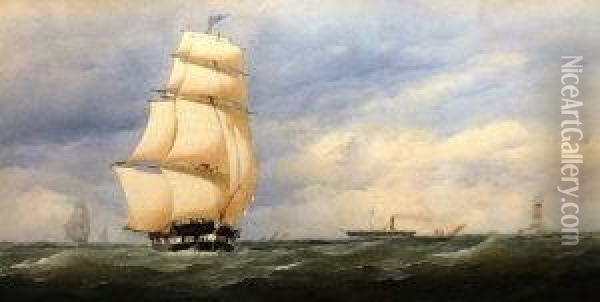 Passing The Eddystone Lighthouse Under Full Sail Oil Painting - Charles Taylor