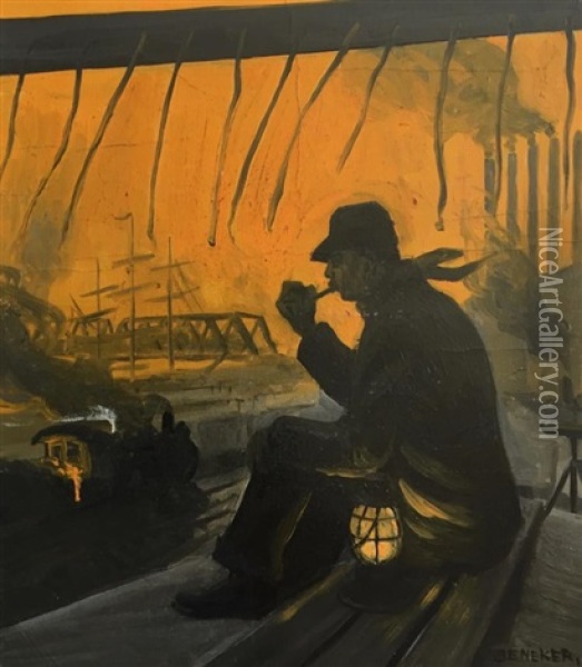 Railroad Night Watch Oil Painting - Gerrit Albertus Beneker