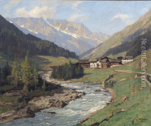 Sommerliches Alpental Mit Weiler. Oil Painting - Georg Macco