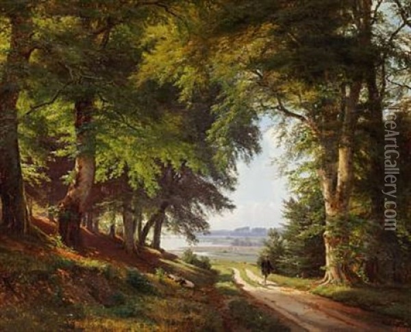 Woodland Scene With A Man Walking On A Path Oil Painting - Anders Andersen-Lundby