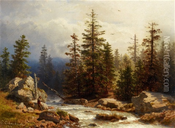 Waldlandschaft Mit Angler Oil Painting - Andreas Achenbach
