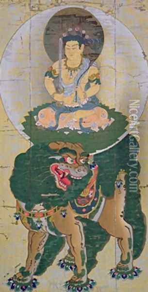 The Bodhisattva Manjushri riding on a lion breathing vapour Oil Painting - Kose-no-Hirotaka