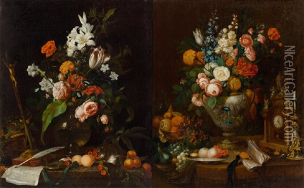 Pair Of Works: Floral Still-lifes With Vanitas Elements Oil Painting - Jan Davidsz De Heem