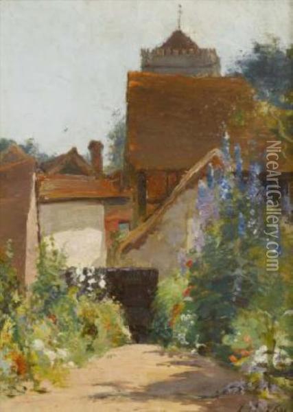 -cottage Garden With Church Oil Painting - Archibald Kay