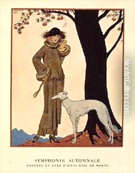 Autumnal Symphony, afternoon coat and dress by Worth Oil Painting - Georges Barbier