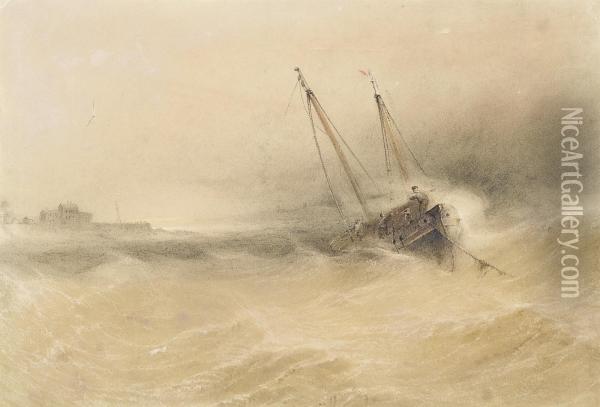 Fishing Boats At Anchor And Weathering The Storm Oil Painting - John Le Capelain