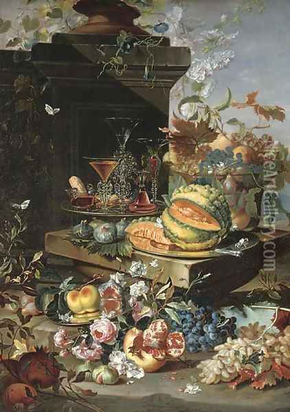 A sliced pumpkin on a silver plate, 'facon-de-venise' glasses on a second silver plate, grapes, peaches and plums in a glass bowl with more grapes Oil Painting - Christian Berentz