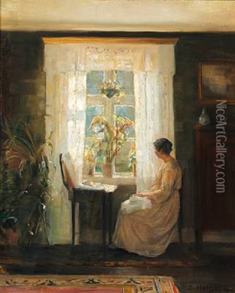 Interior With The Artist's Wife In A Light Dress Near The Window Oil Painting - Carl Vilhelm Holsoe