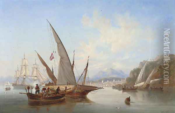 Local craft and a saluting frigate in the bay off Rethymnon, Crete, with the port's citadel rising to the right and Mount Ida in the distance beyond Oil Painting - James Wilson Carmichael