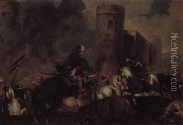 A Calvary Skirmish Outside The Walls Of A Castle Oil Painting - Francesco Monti