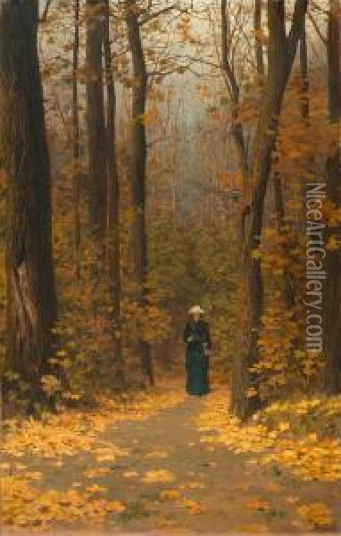 Woman Walking On A Forest Path Oil Painting - Vasily Dimitrievich Polenoff
