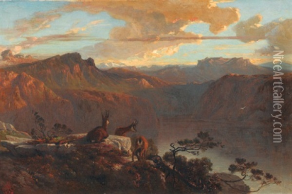 Alpseepanorama In Der Morgendammerung Mit Gemsen Oil Painting - Albert De Meuron