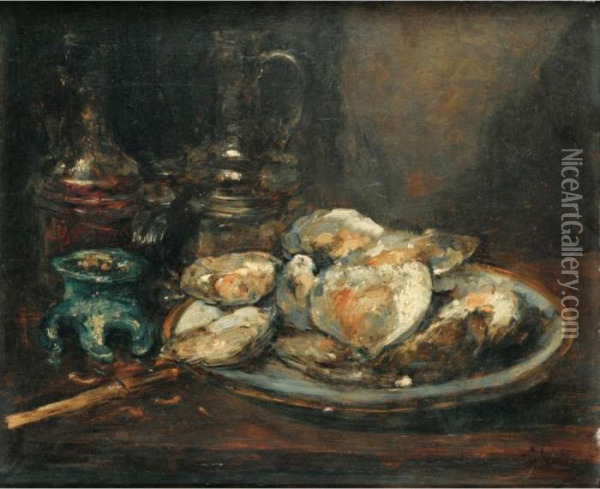 L'assiette D'huitres [ ; Still 
Life With Oysters ; Oil On Panel ; Signed Lower Right A Vollon] Oil Painting - Antoine Vollon