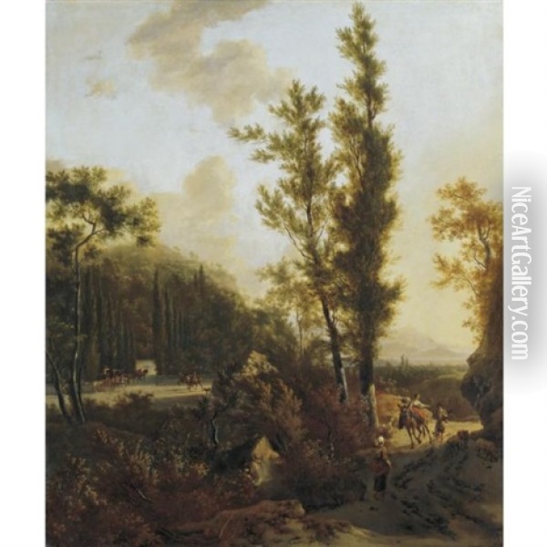 An Italianate Landscape With Peasants On A Road, Mounted Figures Entering The Forecourt To A Villa (collab. W/adriaen Van De Velde) Oil Painting - Frederick De Moucheron