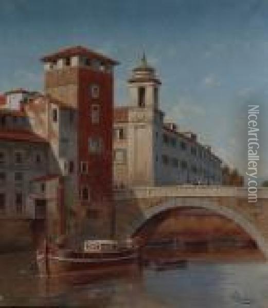 Ponte Fabricio (o Dei Quattro Capi) All'isola Tiberina Inroma Oil Painting - Victor Carabain