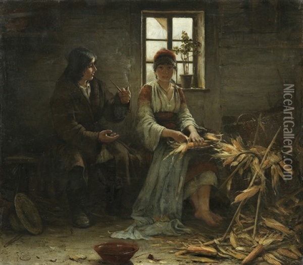 Peeling Corn Oil Painting - Franz Ejsmond