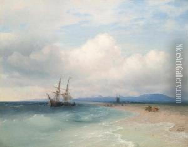 Sailing Ship On The Coast. 1872. Oil Painting - Ivan Konstantinovich Aivazovsky