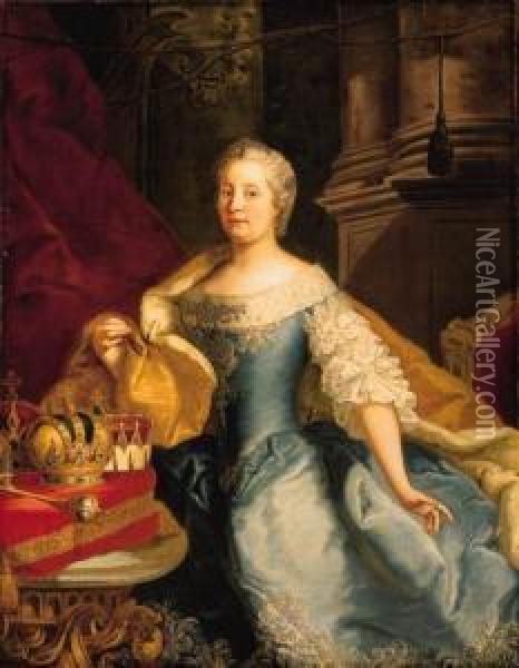 Portrait Of The Empress 
Maria-theresa, Three-quarter-length, In Asilver-embroidered Blue Dress 
With Lace Sleeves And Bodice, With Anermine-lined Cloth-of-gold Cloak, 
By A Table Bearing The Imperialregalia On A Red Cushion Oil Painting - Johann-Gottfried Auerbach