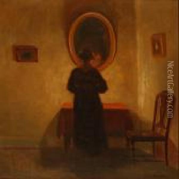 Interior With A Lady In Front Of A Mirror Oil Painting - Poul Friis Nybo