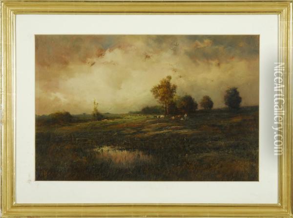 Pastoral Landscape With Grazing Cattle Oil Painting - Paul R. Koehler