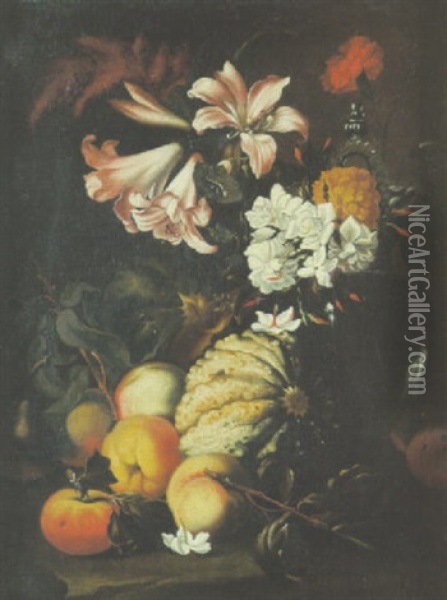 Nature Morte Aux Lys, Melon, Peches Et Piece De Verrerie Oil Painting - Abraham Brueghel