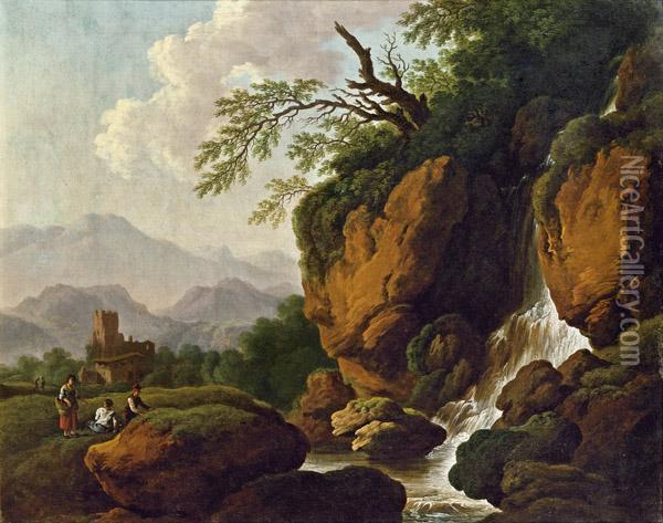 Landschaft Mit Wasserfall Und Staffage Oil Painting - Christian Hilfgott Brand