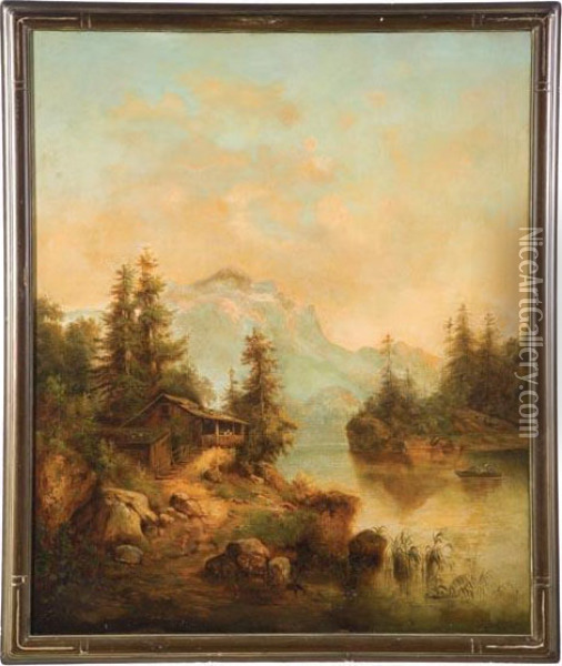 Mountain Lake With A Nearby Cabin Oil Painting - Helen Humphrey Goodrich