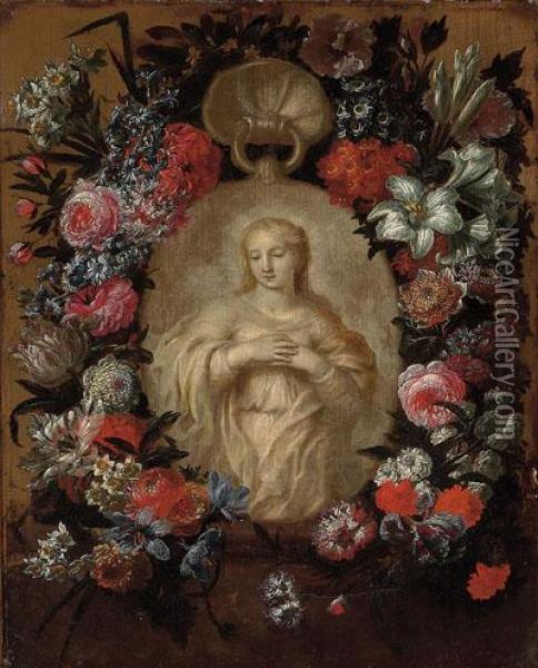 Virgen Con Guirnaldade Flores Oil Painting - Jan-baptist Bosschaert