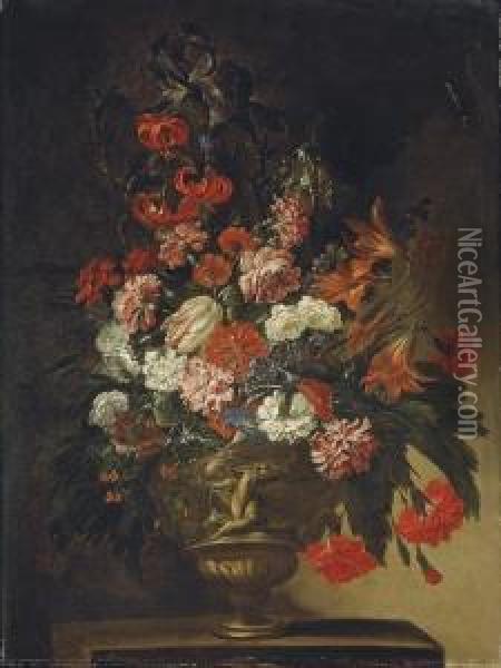 Bouquet De Fleurs Dans Un Vase En Bronze Sur Un Entablement Oil Painting - Bartolommeo Bimbi