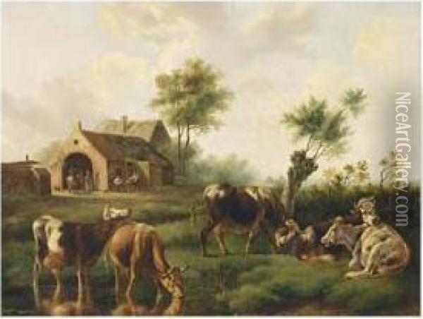 Cows In A Summer Landscape, Peasants In The Background Oil Painting - Albertus Verhoesen